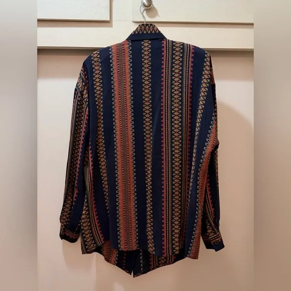 Vintage 90s Ellen Tracy Silk Blouse Geometric Stripe Navy Boho Oversized Size8 - Picture 2 of 10